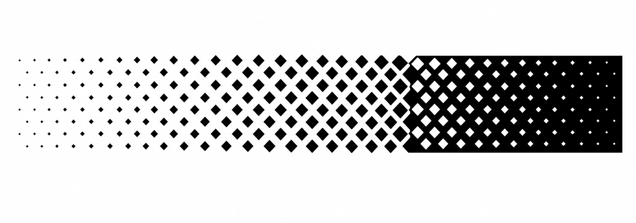 A horizontal halftone-style banner made of diamond dots that transition from sparse black dots on white to dense white dots on a solid black block.