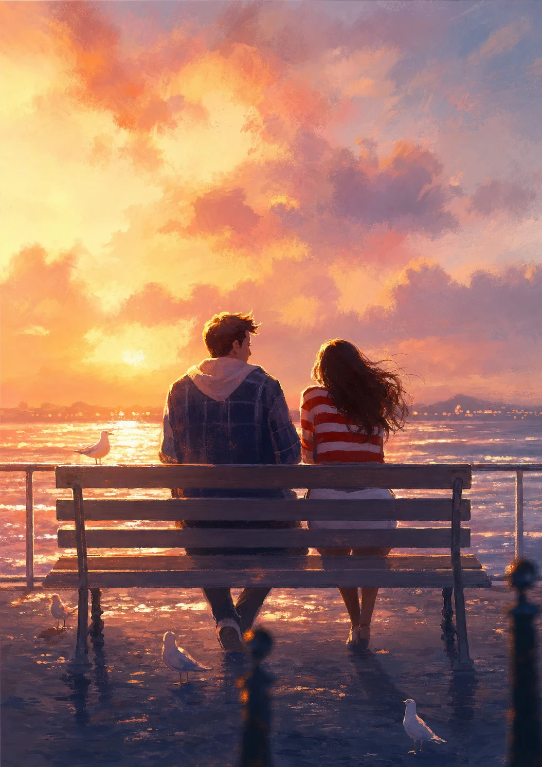 A romantic painterly scene of two people sitting together on a waterfront bench watching a glowing sunset over the sea, with seagulls nearby.