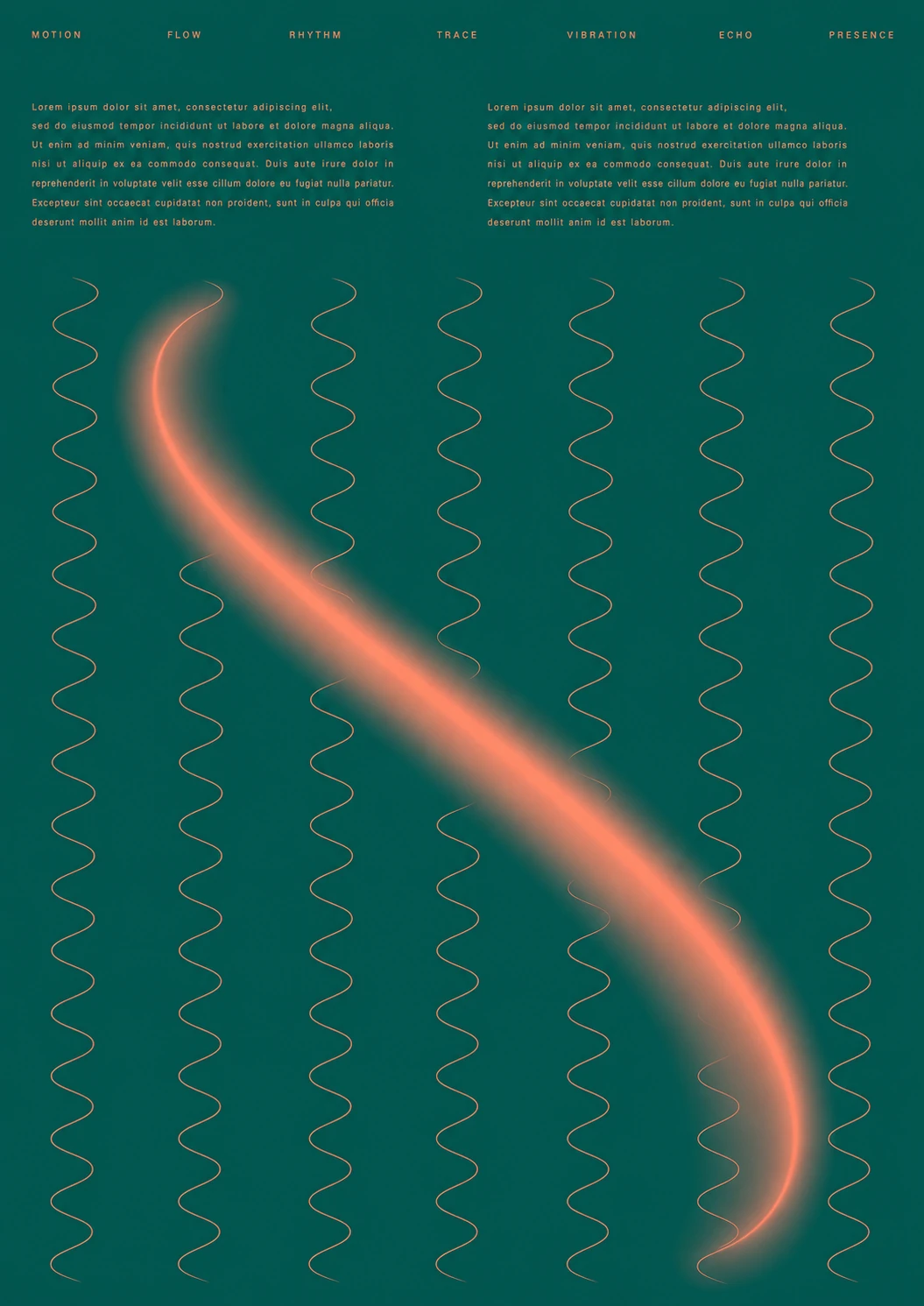 A minimalist editorial poster featuring a glowing orange light-trail sweeping diagonally across a field of thin vertical sine-wave lines on a deep teal backgrou