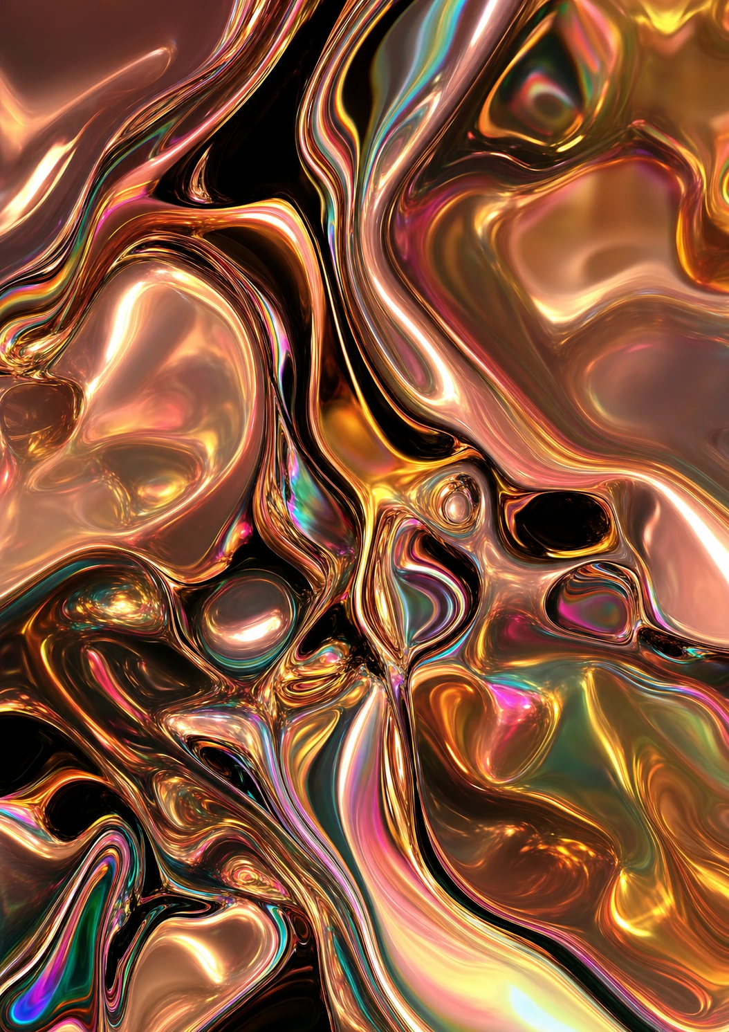 An abstract close-up of molten, iridescent liquid metal with flowing organic ripples and chromatic highlights.