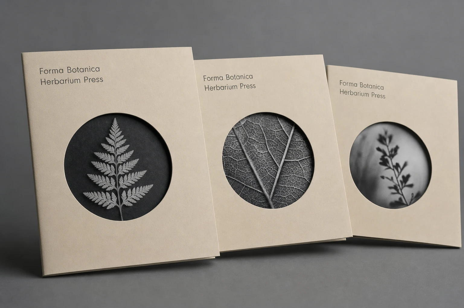 A trio of minimalist kraft-paper botanical packaging sleeves, each with a circular die-cut window revealing a monochrome pressed-plant image.