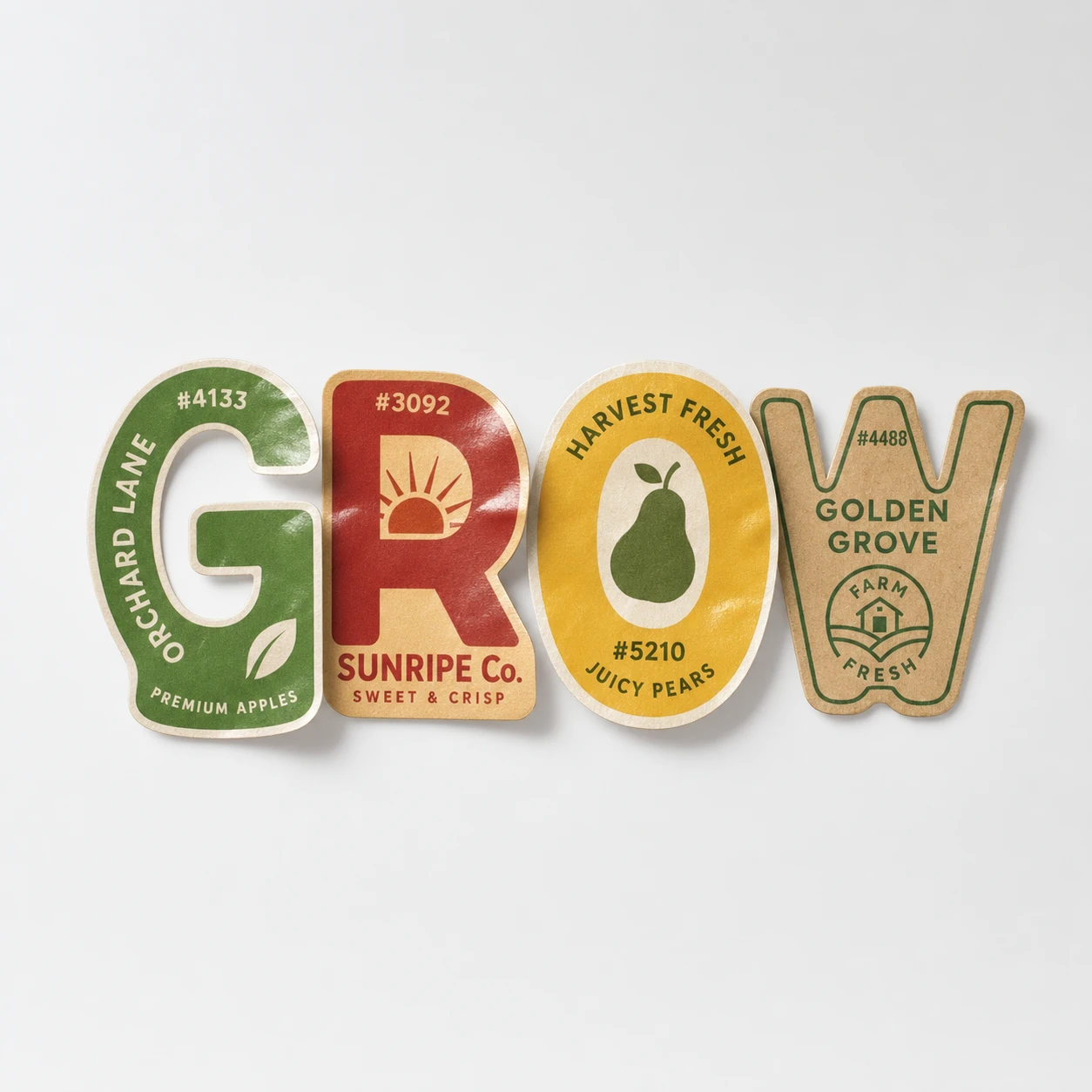A word spelled out by individual fruit-sticker-style letterforms, each designed as a vintage produce label with its own brand mark and PLU code.