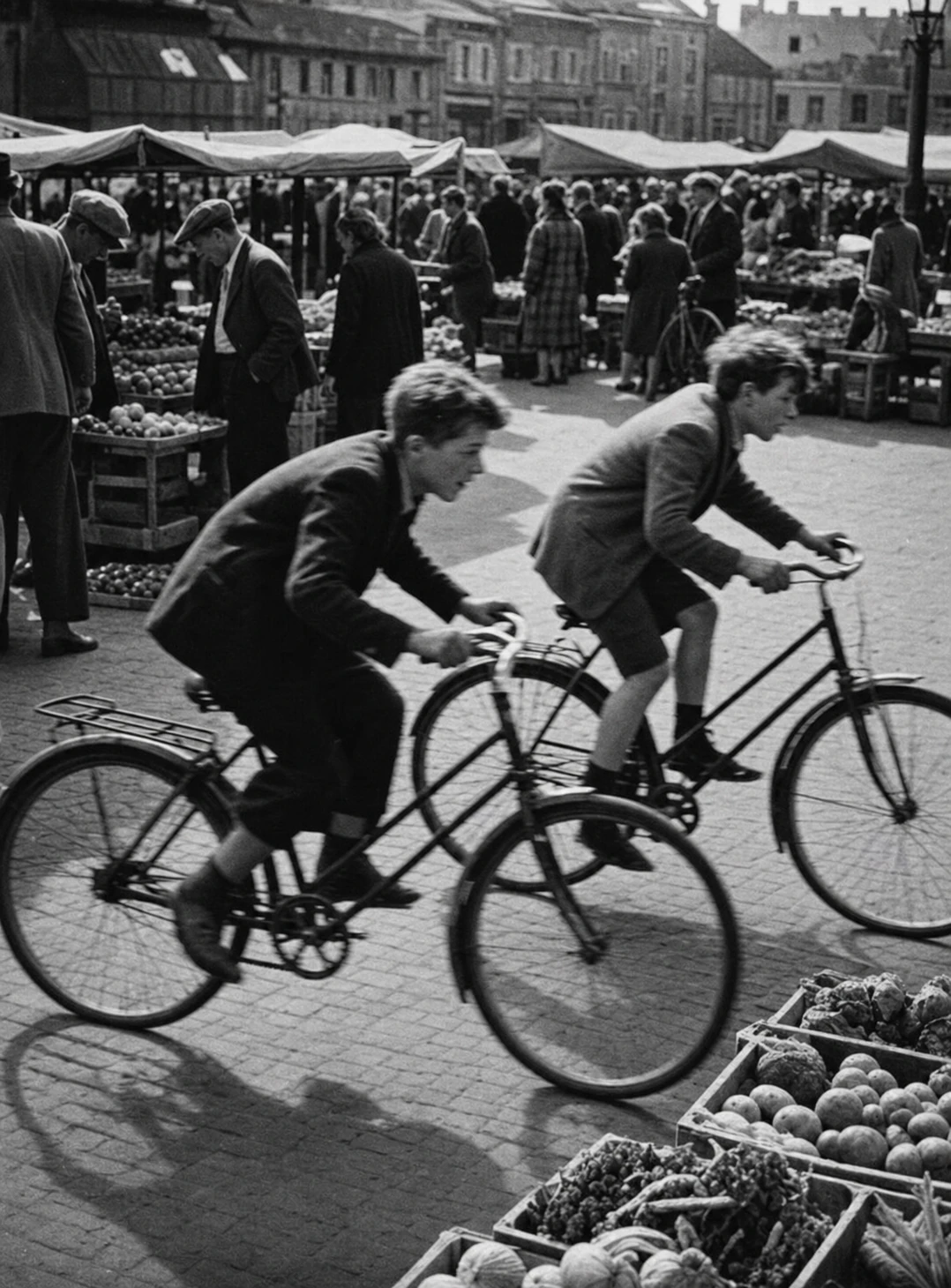 A vintage black-and-white documentary photograph of two boys riding bicycles through a bustling open-air market square.