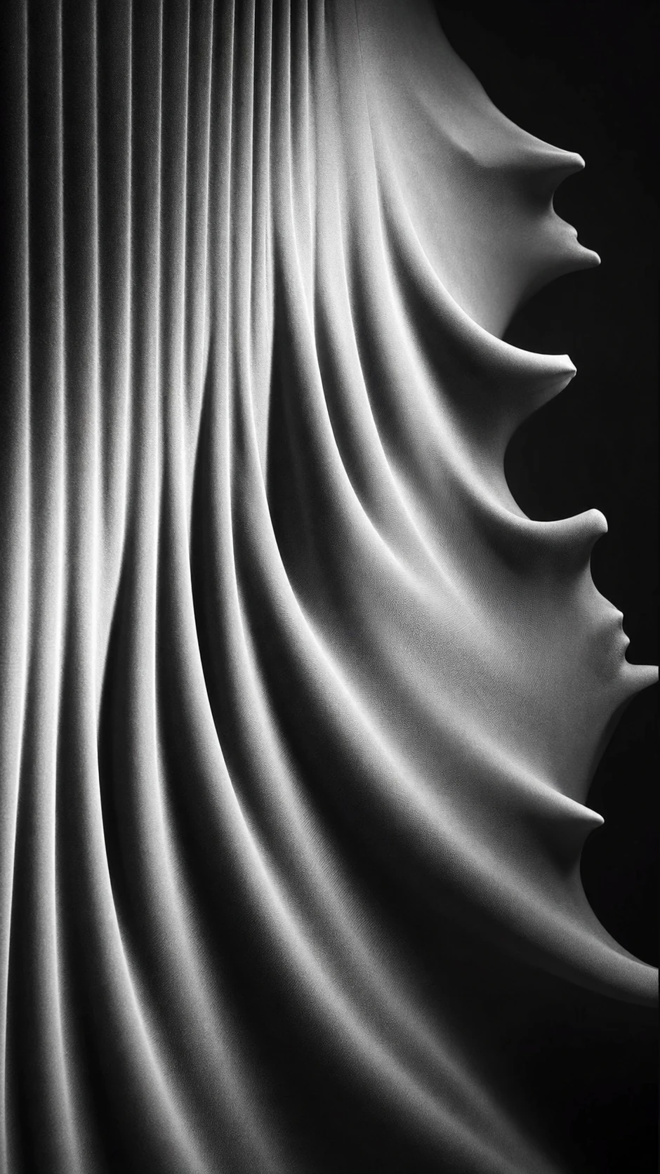 A monochrome abstract sculptural relief whose flowing draped ridges resolve into stacked human profiles emerging from darkness.