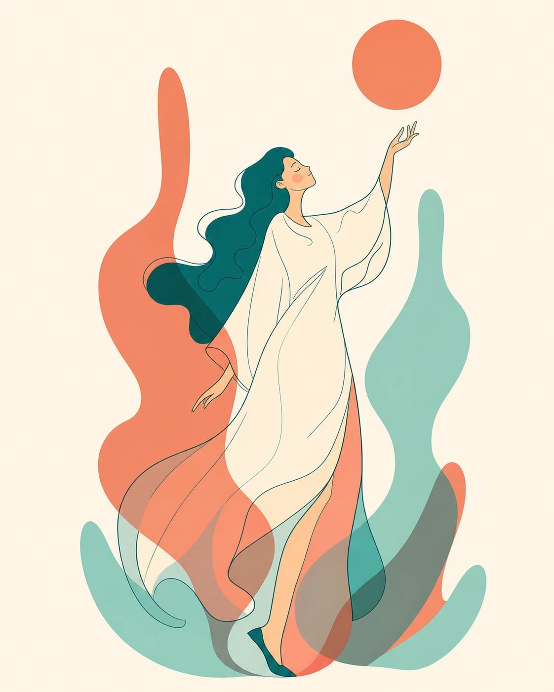 A serene minimalist illustration of a woman in a flowing white gown reaching upward toward a coral sun, surrounded by organic abstract shapes.