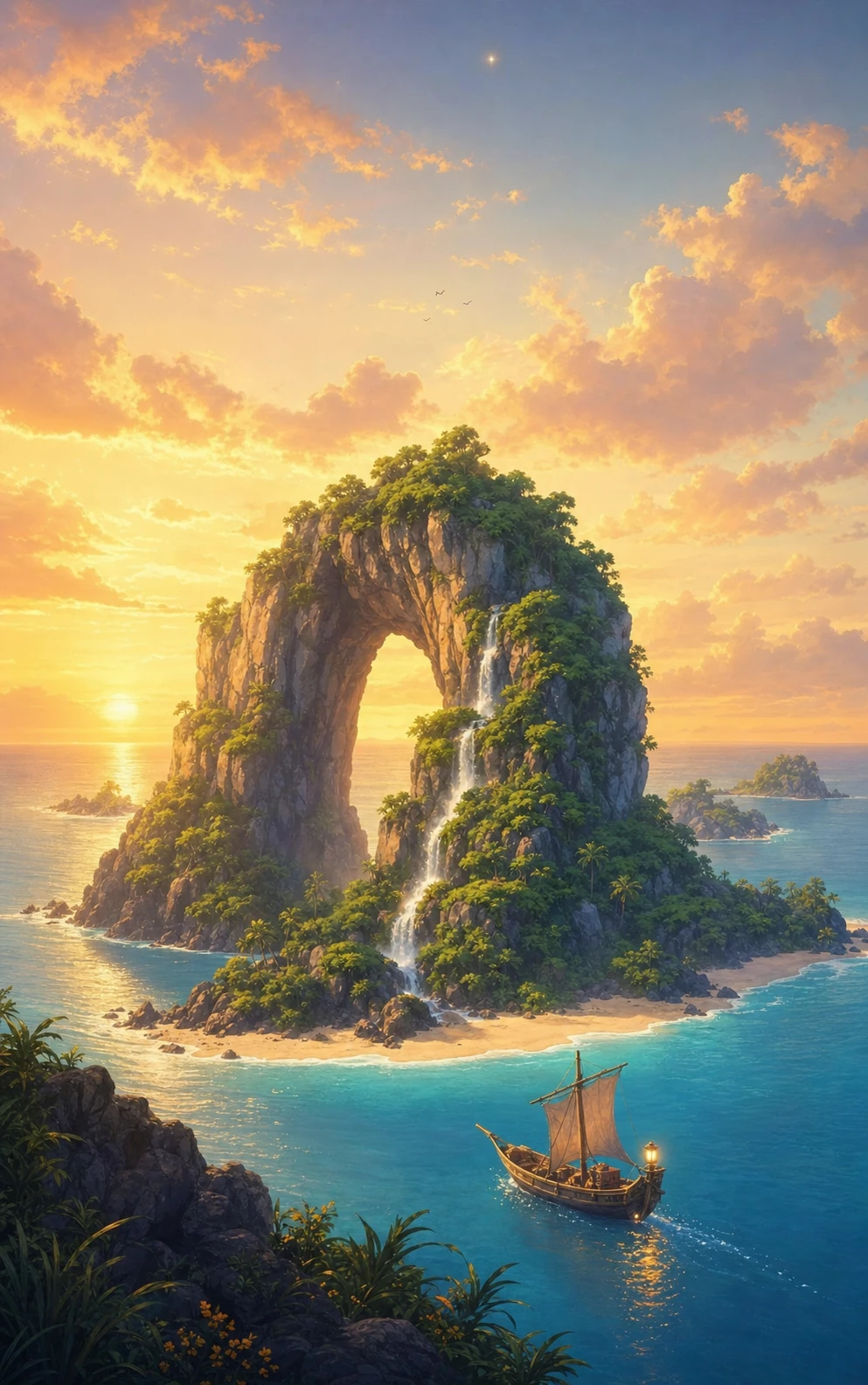 A fantasy seascape at golden sunset featuring a lush tropical rock arch island with cascading waterfalls and a small sailing ship below.