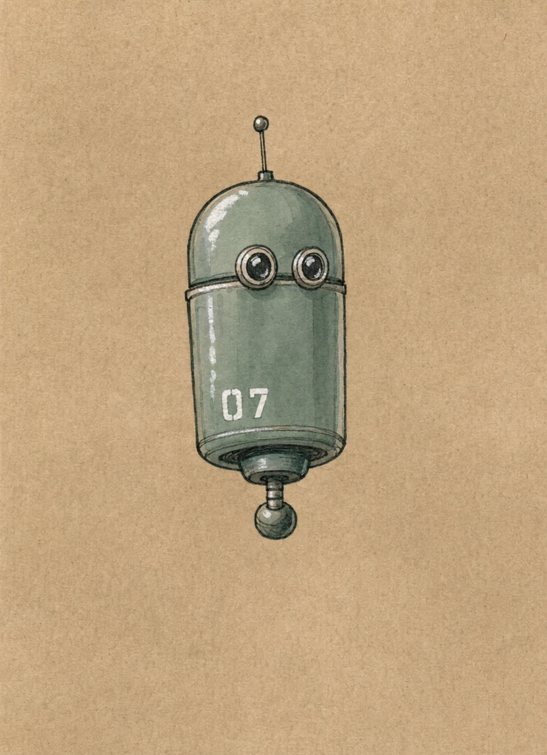 A small, capsule-shaped retro robot floating against a warm kraft-paper background, rendered as a painterly illustration.