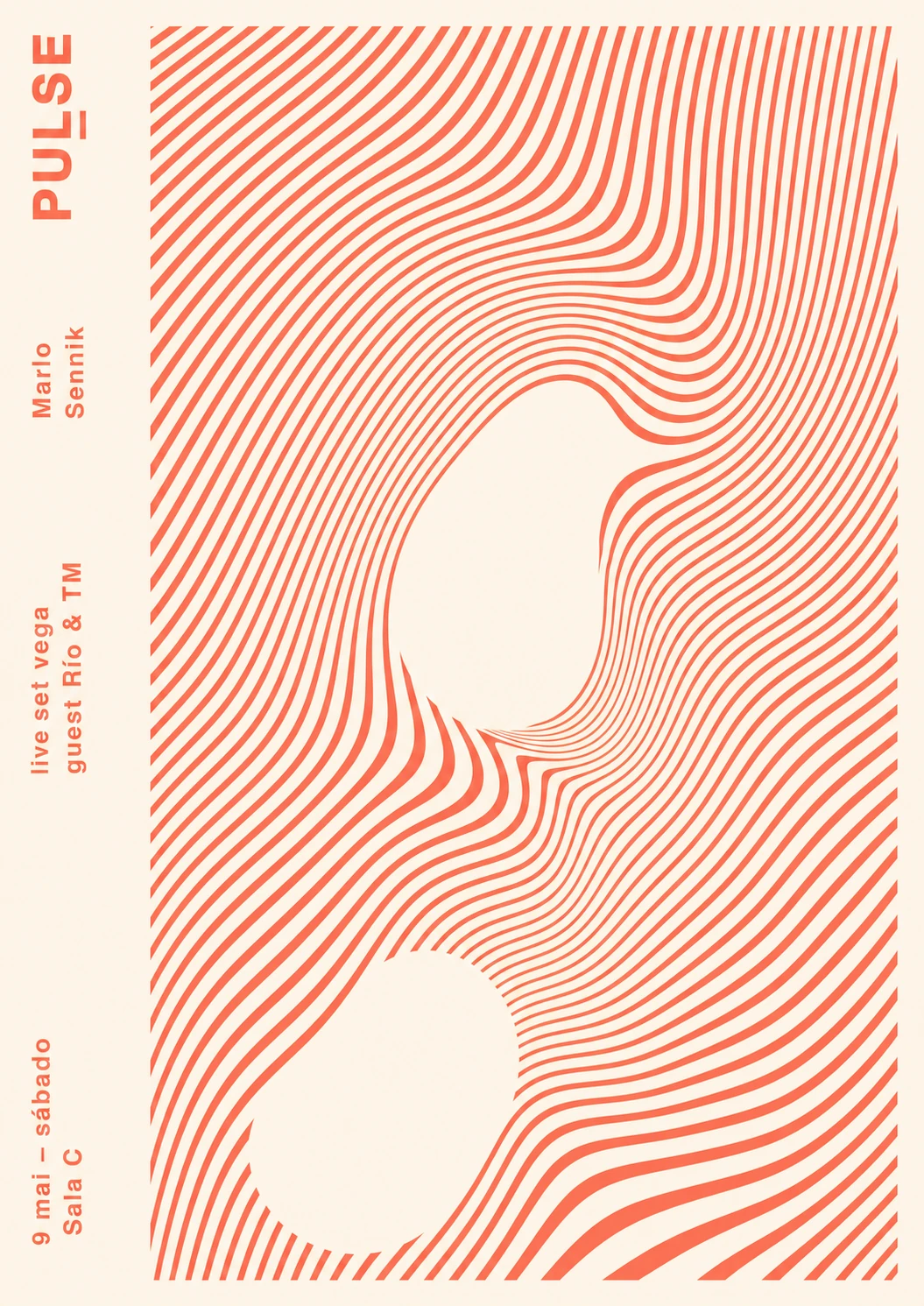 A minimalist event poster featuring a flowing op-art line pattern in coral on cream with vertical sidebar typography.