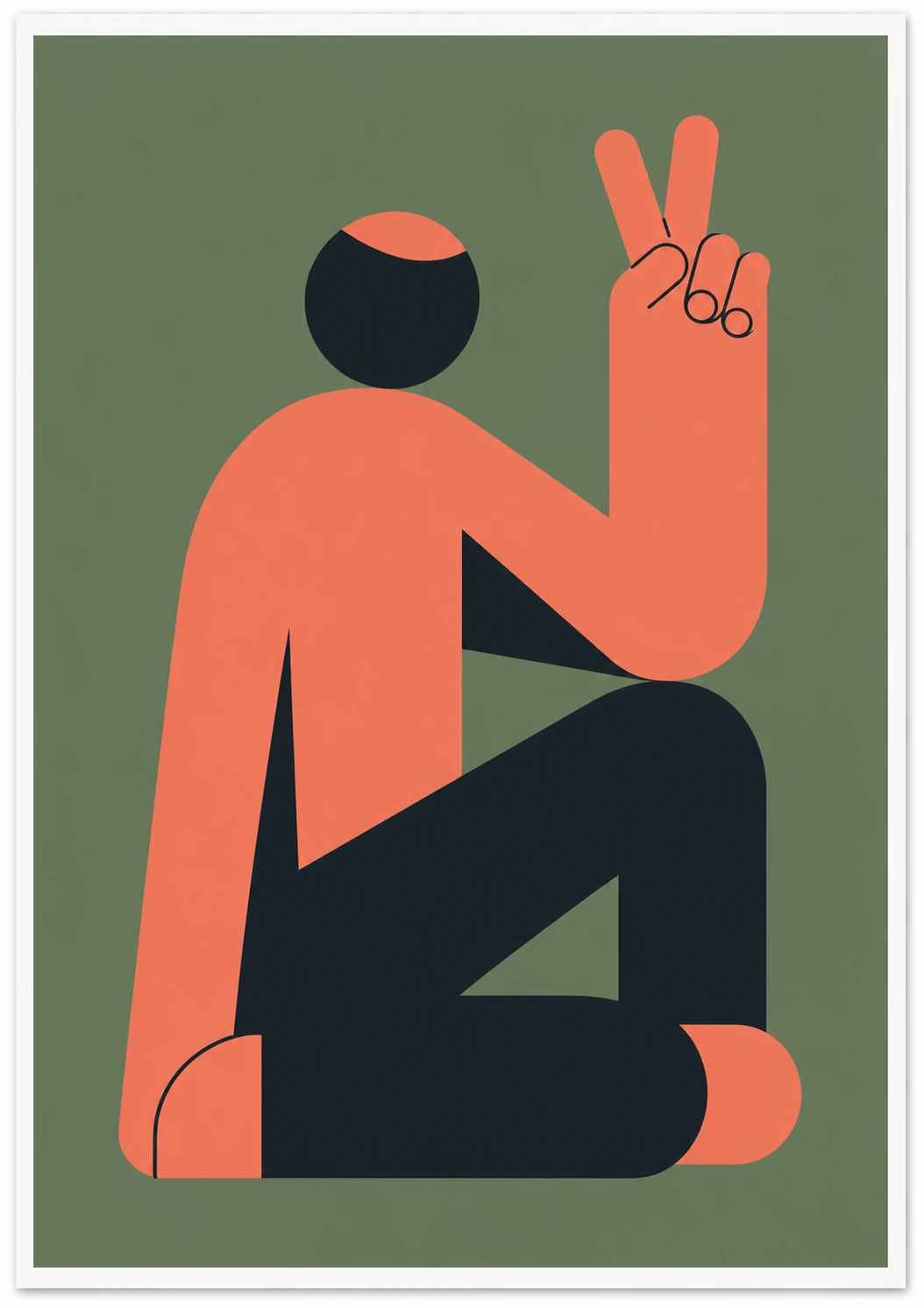 A minimalist flat-vector poster of a seated faceless figure raising a peace sign, rendered in coral and dark navy on muted green.