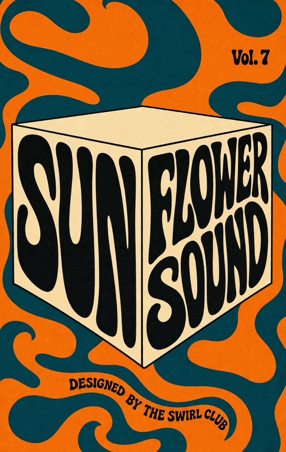 A retro psychedelic poster featuring a 3D cube wrapped in groovy hand-lettered typography against a liquid swirl background.