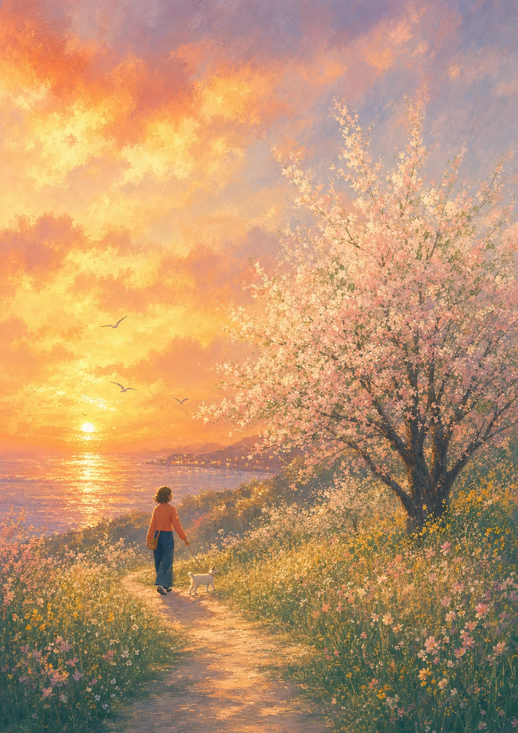 A serene digital painting of a person walking a small dog along a flower-lined coastal path at golden sunset.