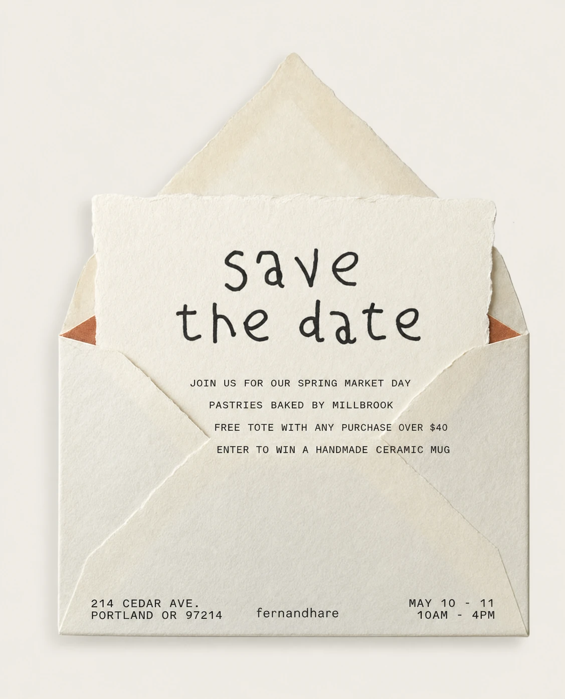 A 'save the date' style invitation card emerging from an open handmade-paper envelope, photographed flat against a soft neutral backdrop.