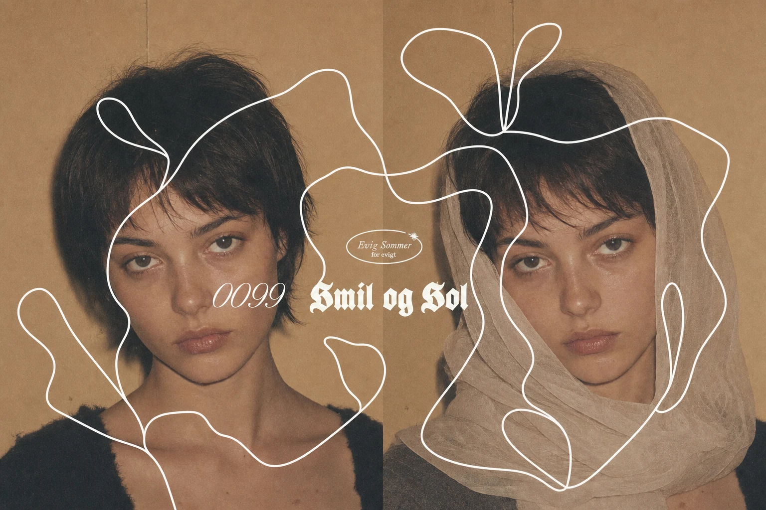 A diptych editorial fashion visual pairing two close-up portraits of the same young woman overlaid with a continuous white hand-drawn line and minimal vintage t