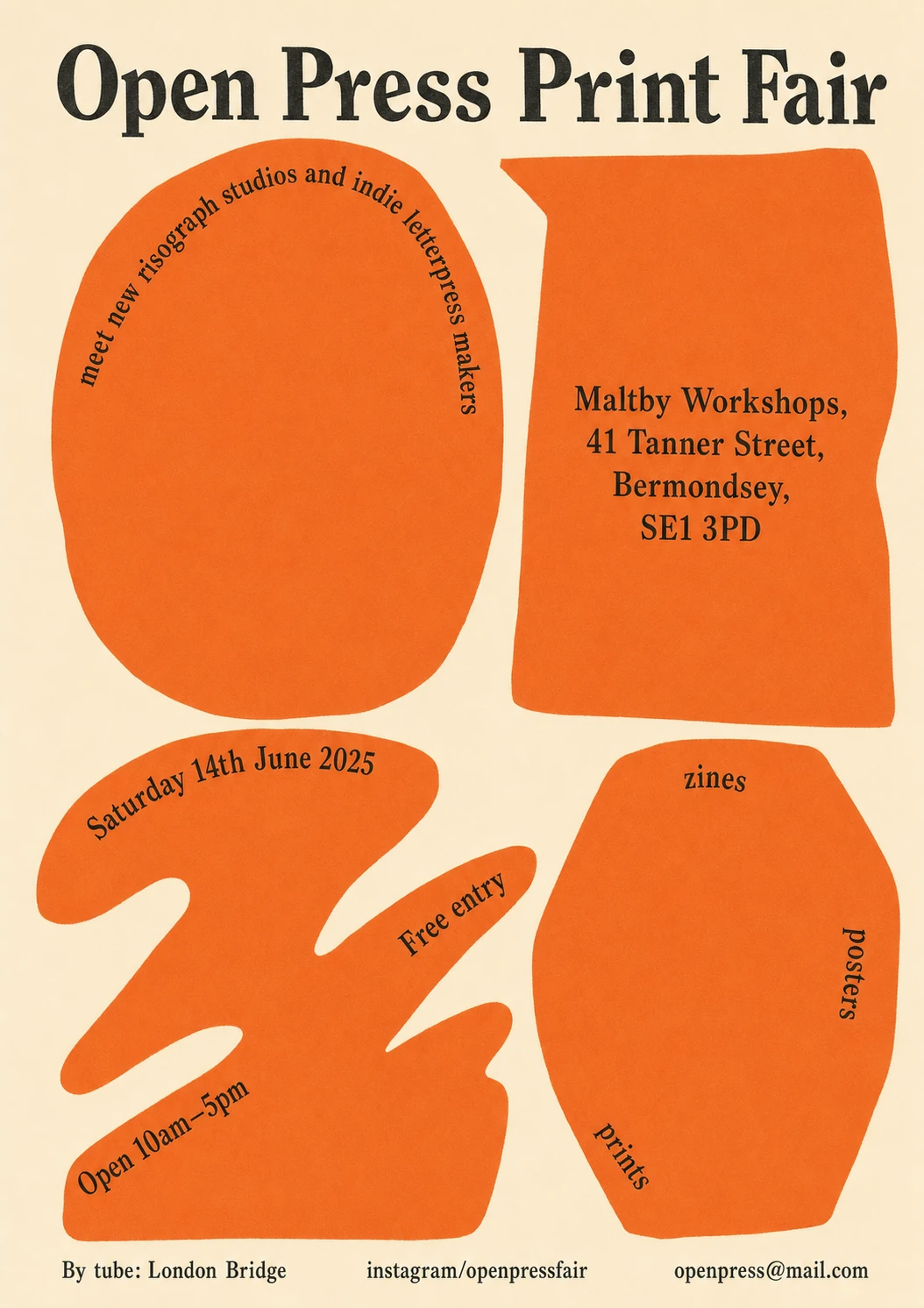 A risograph-style event poster featuring bold orange organic blob shapes on a cream background with a large serif headline and curved text labels.