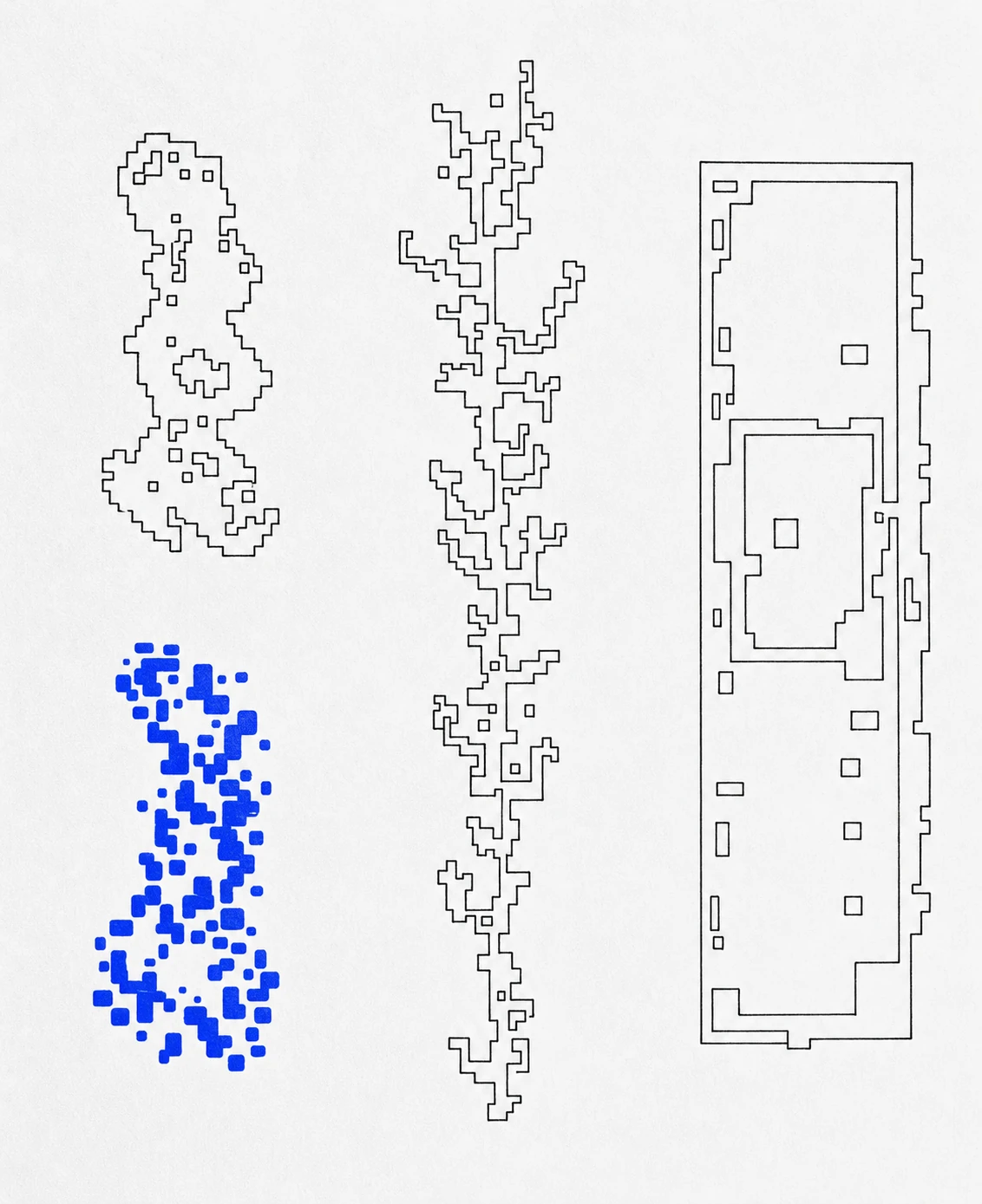 A minimalist composition of abstract pixelated line-drawn forms arranged as four vertical specimens, with one rendered as a cluster of solid blue squares.