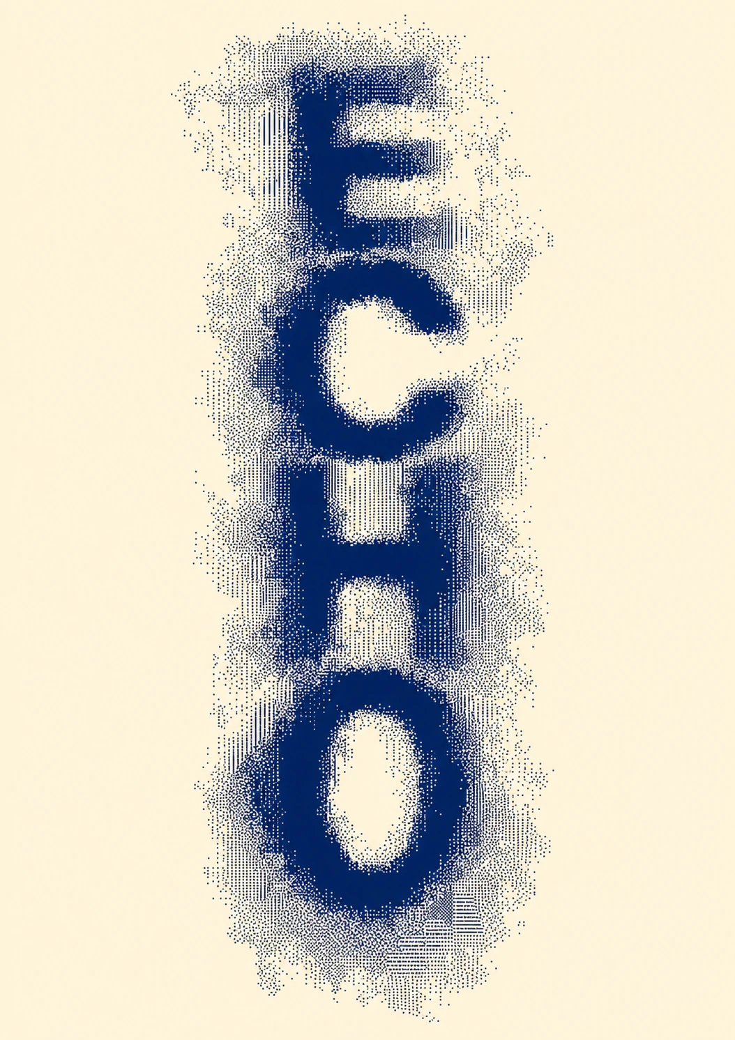 A vertical typographic poster where a single bold word dissolves into a scattered dot/pixel field against a warm cream background.