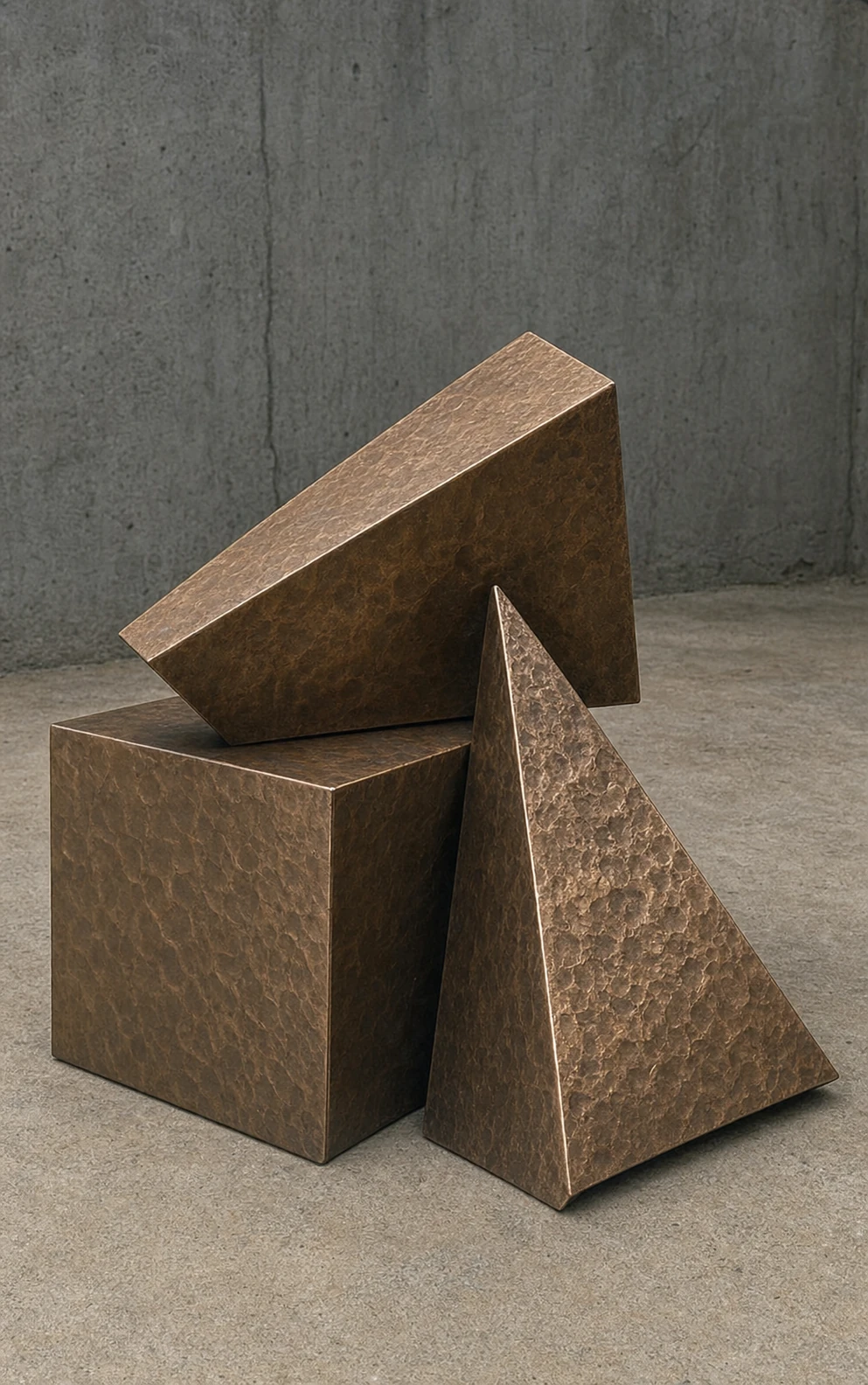 A still-life of hammered bronze geometric solids arranged against a raw concrete backdrop.