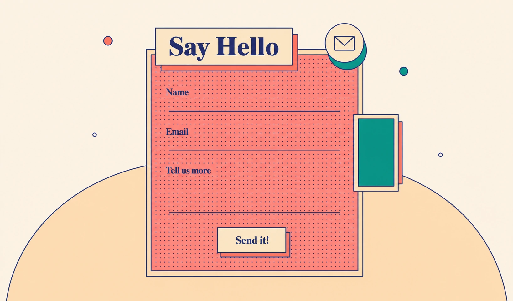 A retro-styled flat illustration of a 'Say Hello' contact form card with playful geometric accents.