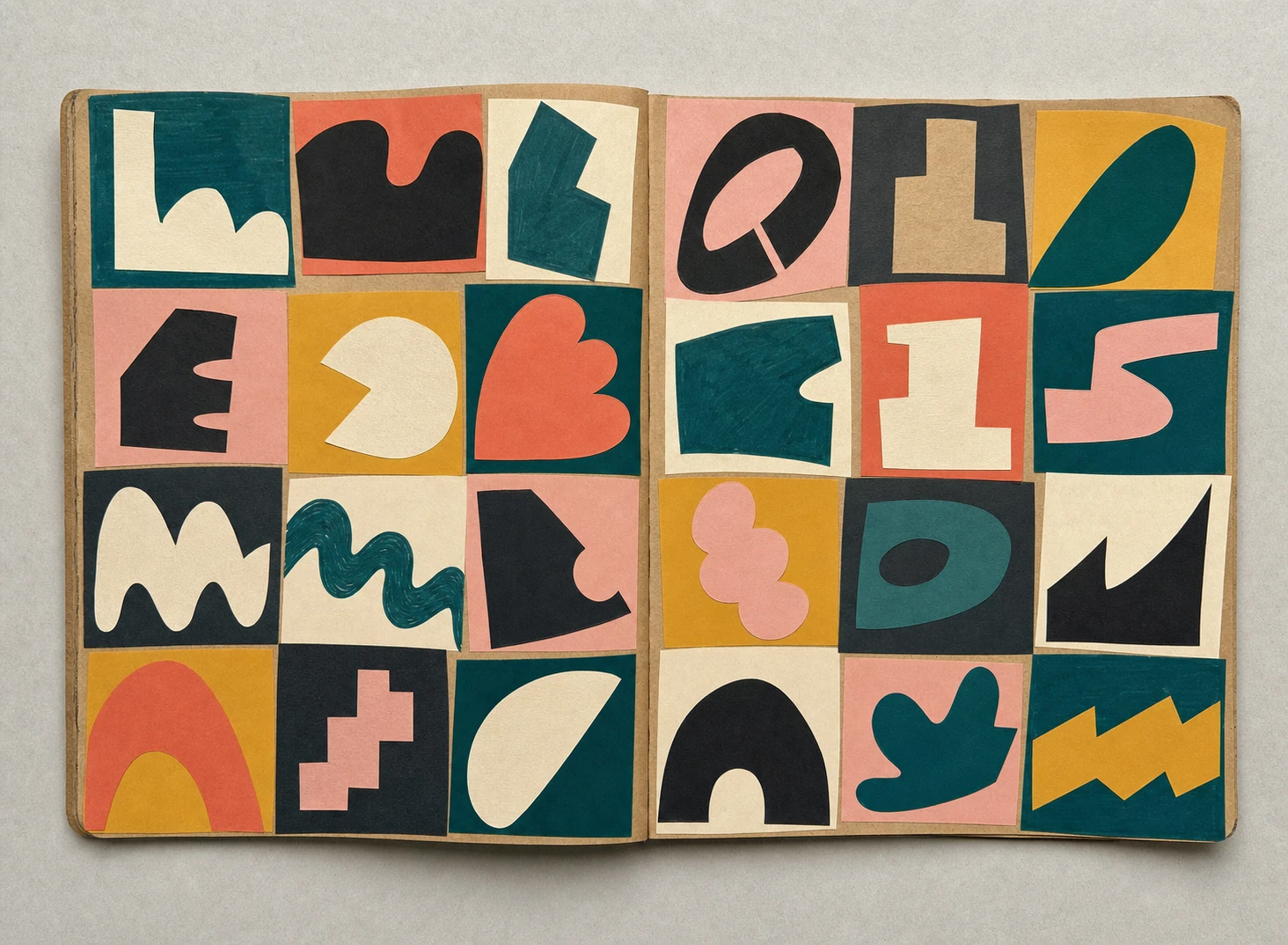 An open kraft-paper sketchbook spread filled with a grid of hand-cut abstract organic shapes in a bold mid-century palette.