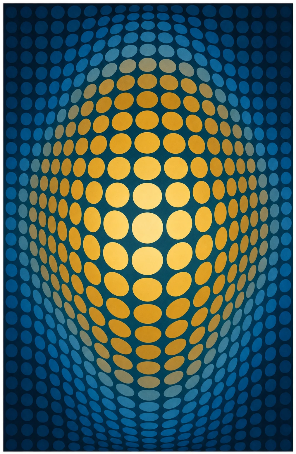 An op-art geometric composition of a grid of ellipses that bulge outward into an illusory glowing sphere at center.
