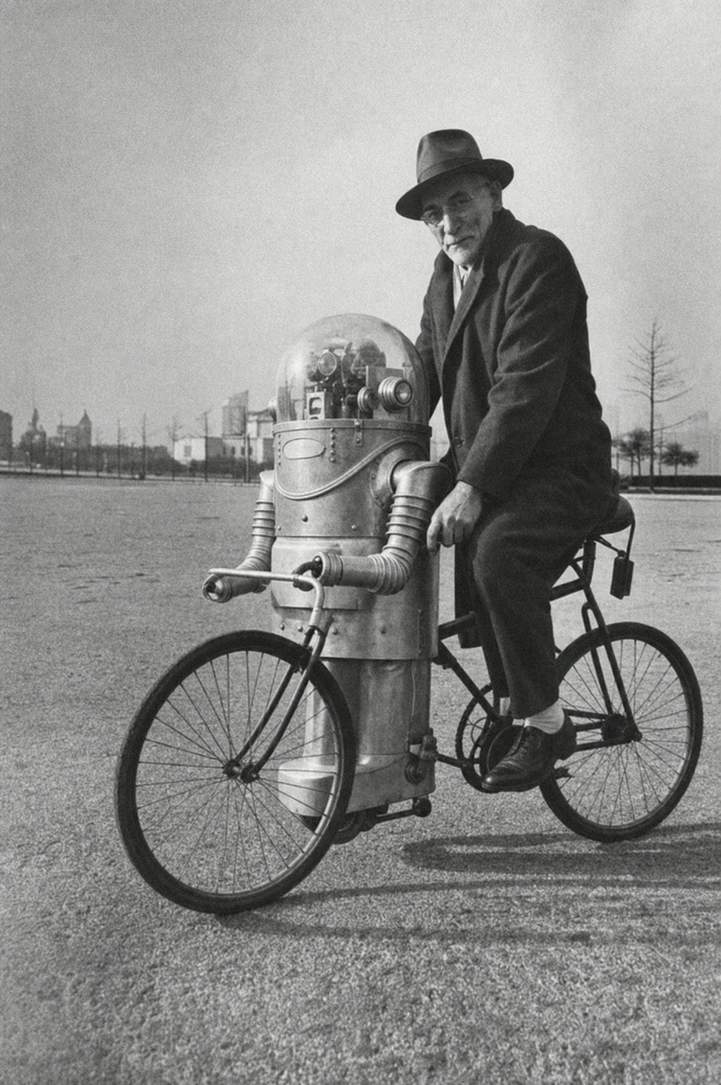 A vintage black-and-white photograph of an elderly man in a fedora riding a bicycle with a homemade retro robot mounted on the front.