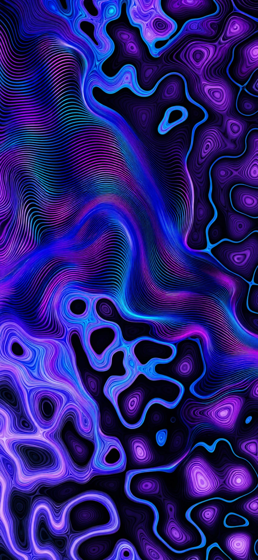 A vertical abstract topographic-style wallpaper of flowing, contour-like neon lines forming organic blobs and ridges in vivid purples and blues against deep bla