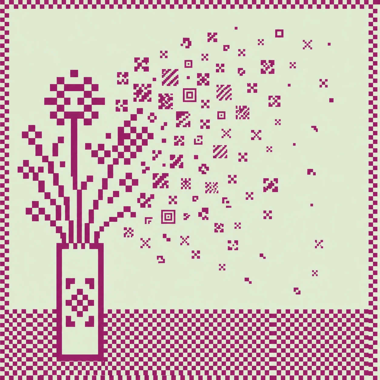 A pixel-art / cross-stitch style still life of a flower bouquet in a vase scattering geometric blossoms across the frame, rendered in a single magenta hue on a 