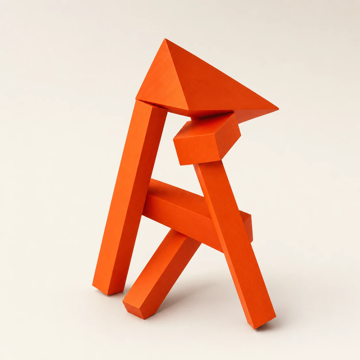 An abstract orange sculpture made of stacked and balanced geometric wooden blocks set against a neutral cream backdrop.