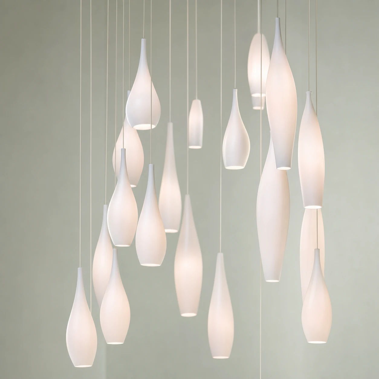 A cluster of elegant elongated white pendant lamps suspended at varying heights against a soft sage-gray backdrop.