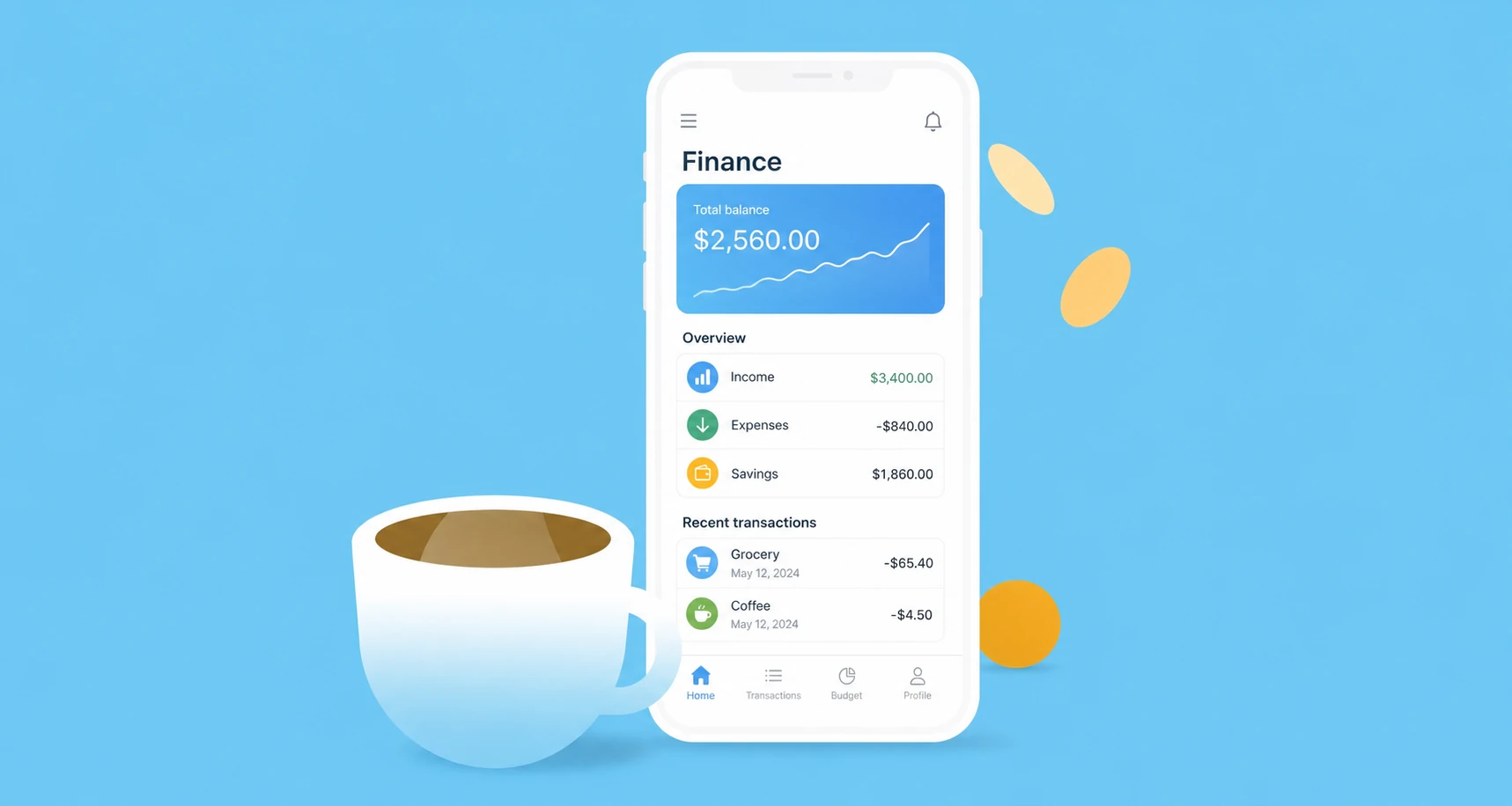 A clean 3D-style product hero showing a smartphone displaying a personal finance app UI, flanked by a coffee cup and floating gold coins on a bright blue backgr