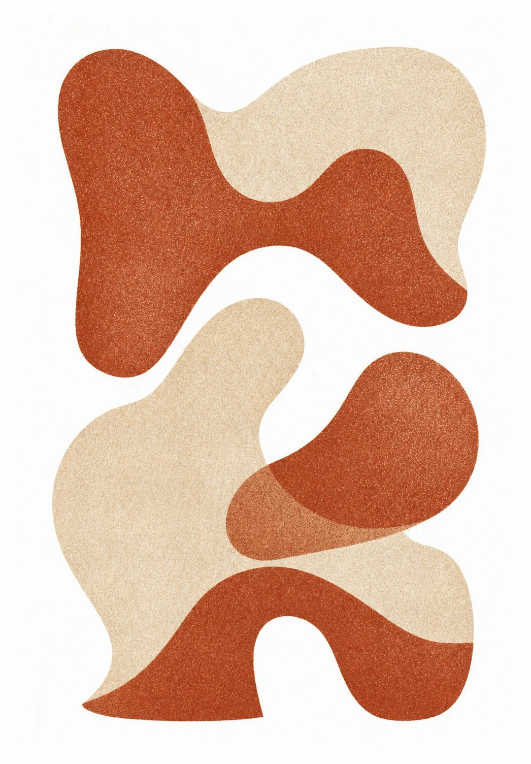 An abstract organic-shape composition built from interlocking blobby forms in terracotta and sand tones on a clean white ground.
