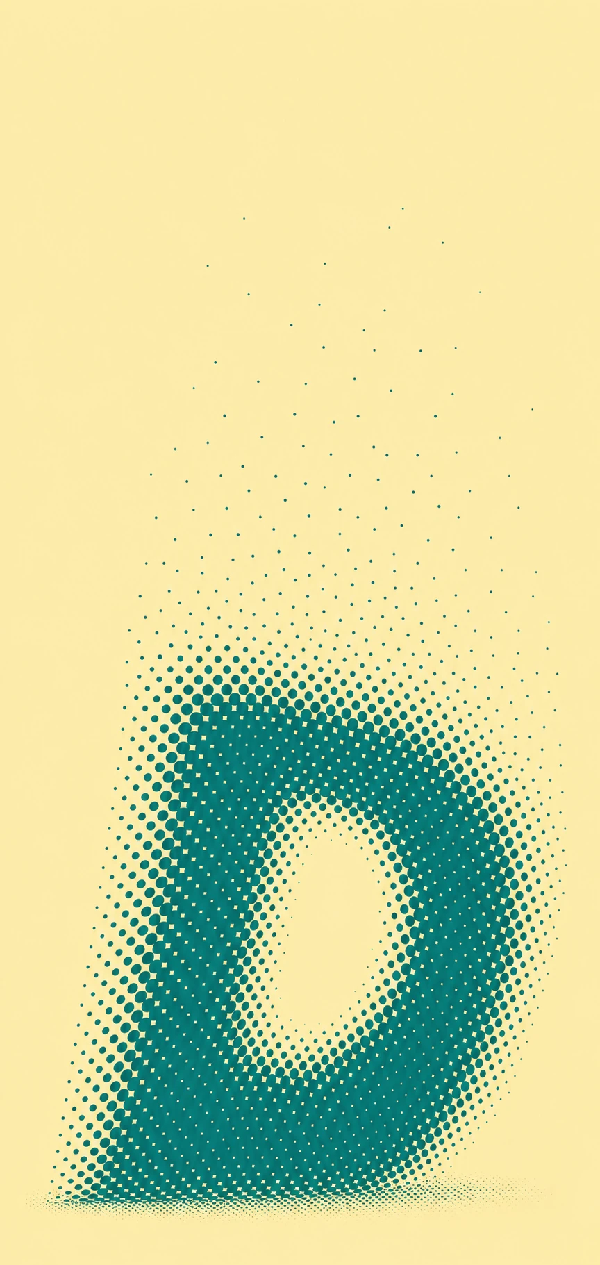 An abstract halftone torus shape rendered in teal dots dissolving into a soft cream background.