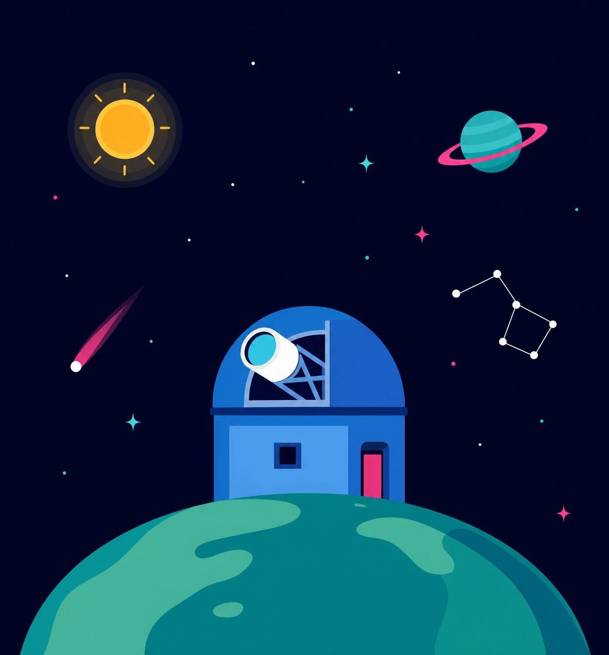 A flat-vector illustration of a domed observatory with a telescope perched on a curved planet surface, surrounded by a starry night sky filled with cosmic eleme