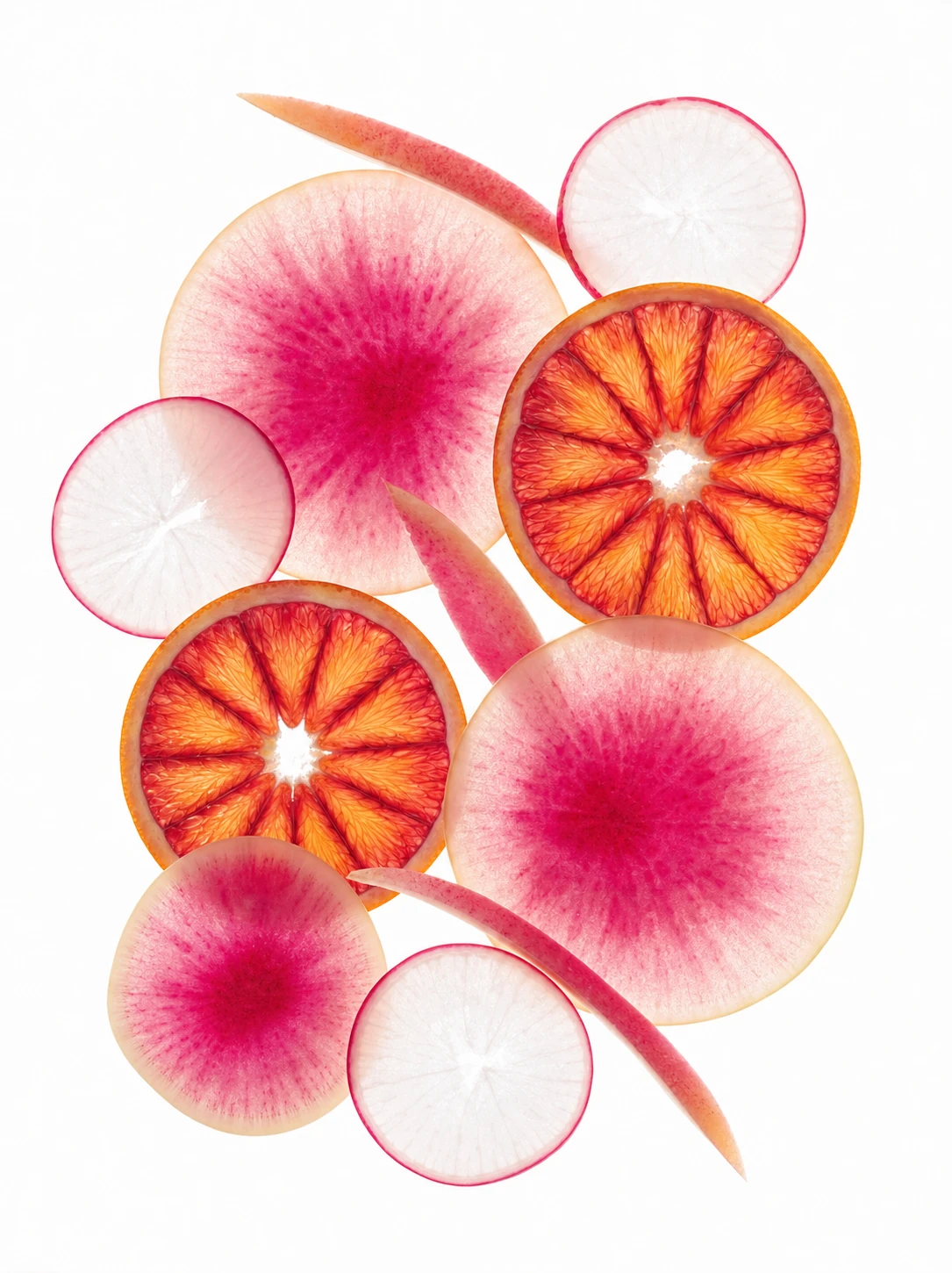A bright overhead arrangement of translucent sliced fruits and vegetables on a clean white background.