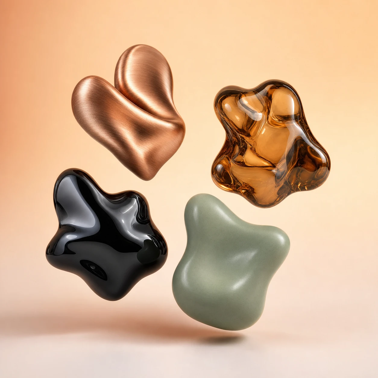 Four glossy, organic blob sculptures in contrasting materials floating against a warm gradient backdrop.