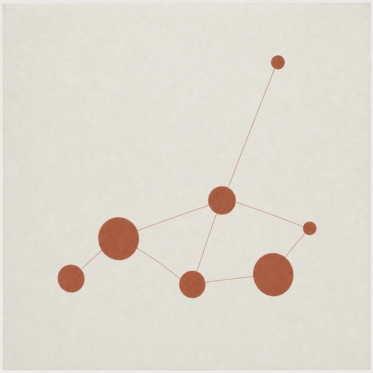 A minimalist constellation-like network of terracotta circles connected by thin lines on a textured cream ground.