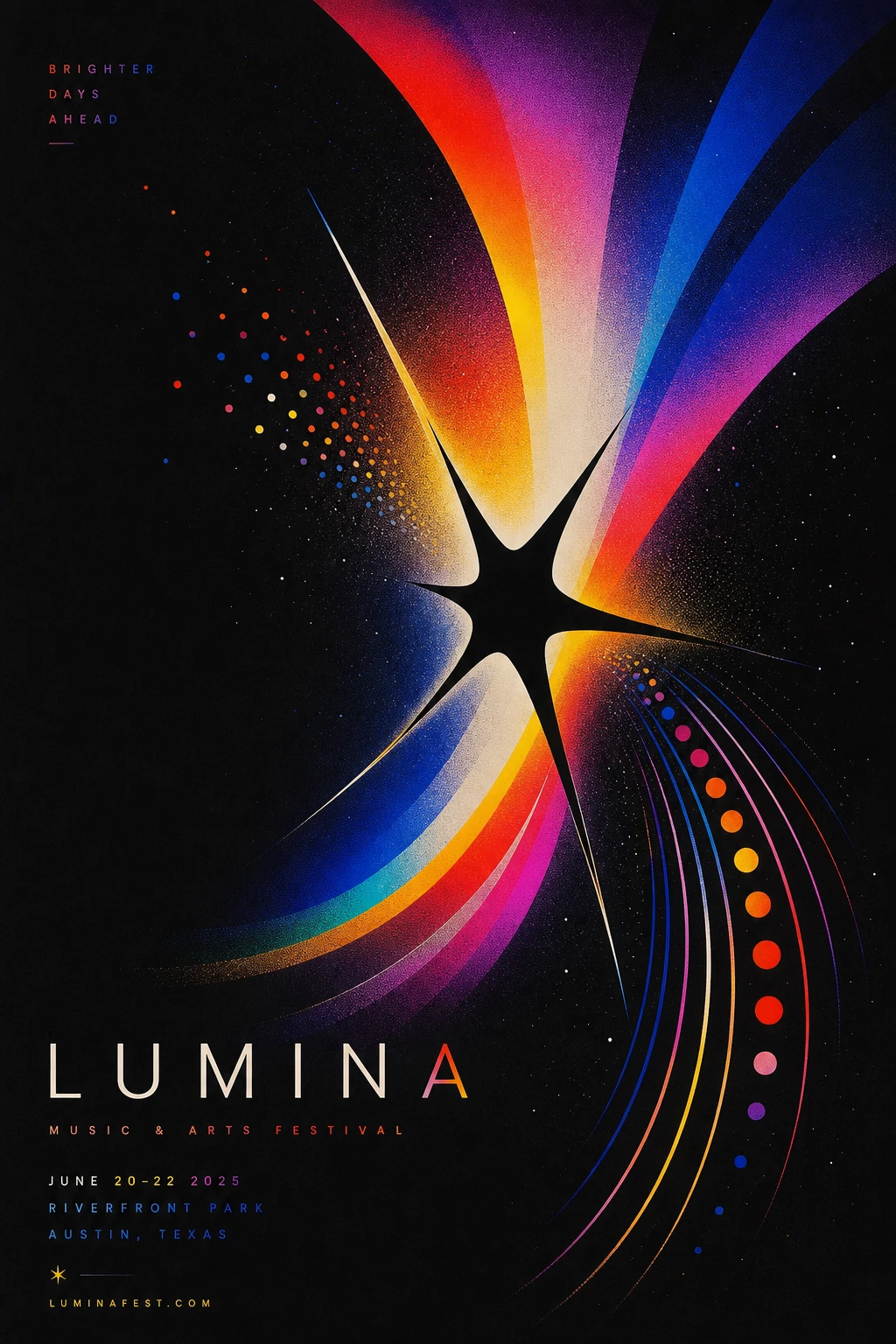 A vibrant music and arts festival poster featuring a luminous four-pointed star bursting with rainbow ribbons of color against a deep black cosmic field.