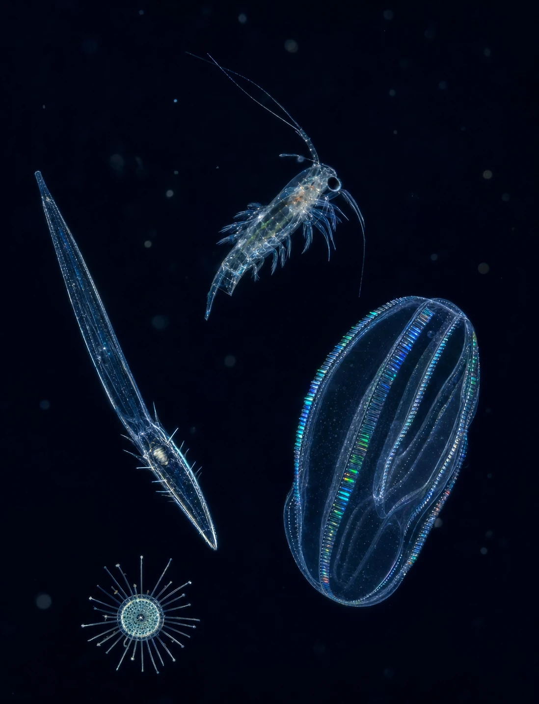 A blackwater macro-photography composition showcasing several translucent planktonic creatures glowing against deep black water.