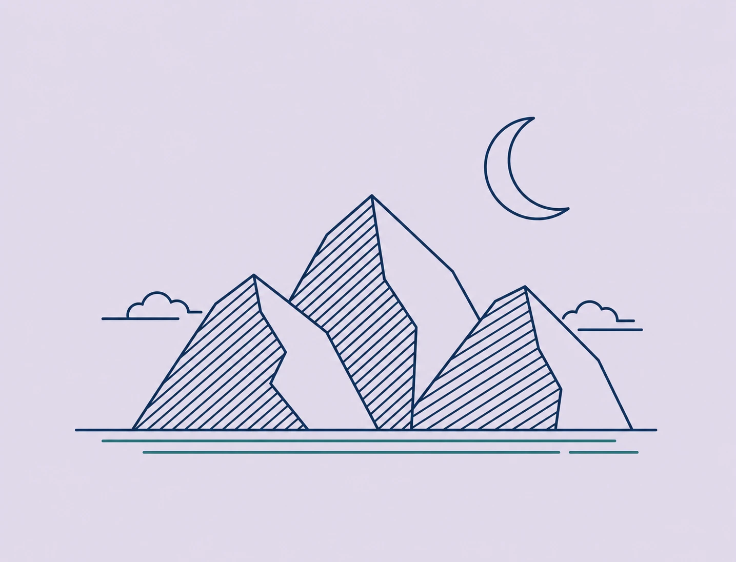A minimalist line-art illustration of a mountain range at night with a crescent moon and stylized clouds.