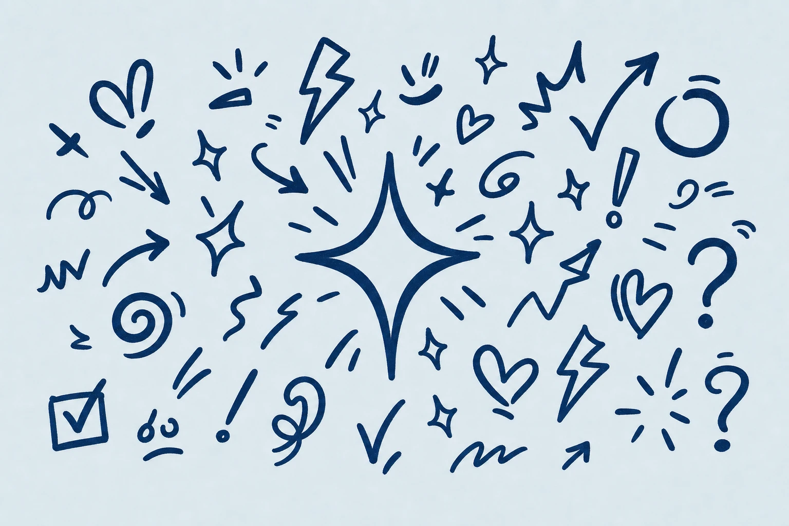 A scattered collection of hand-drawn doodle marks—sparkles, arrows, hearts, lightning bolts, and punctuation—in dark ink on a pale background, anchored by a lar