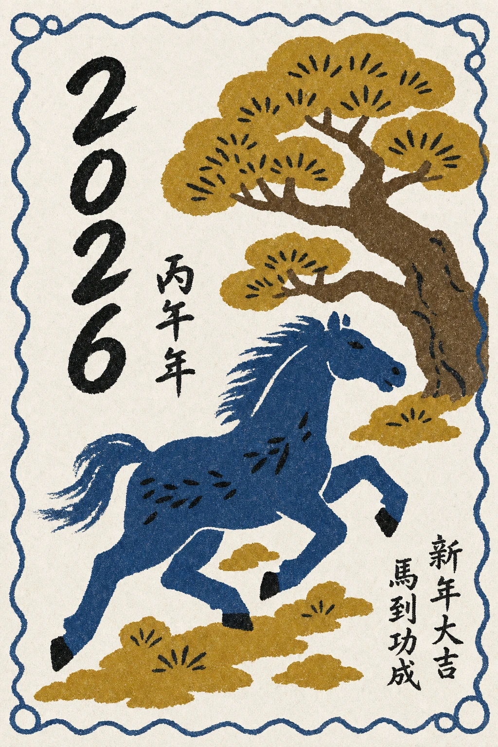A folk-art woodblock-style Lunar New Year card featuring a galloping blue horse beneath a stylized pine tree with a wavy decorative border.