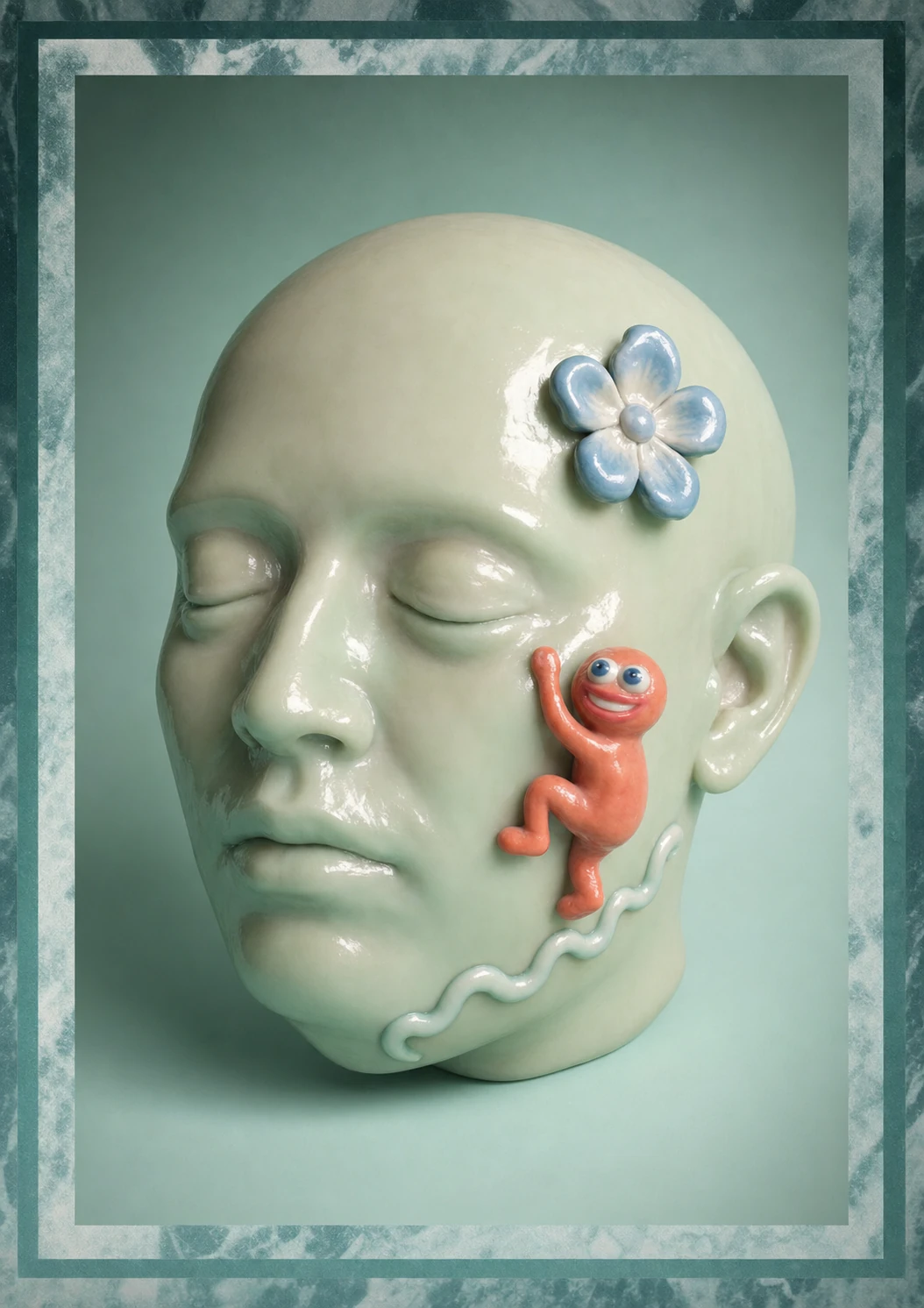 A glossy ceramic sculpture of a serene human head adorned with whimsical clay-like decorations, framed by a marbled border.