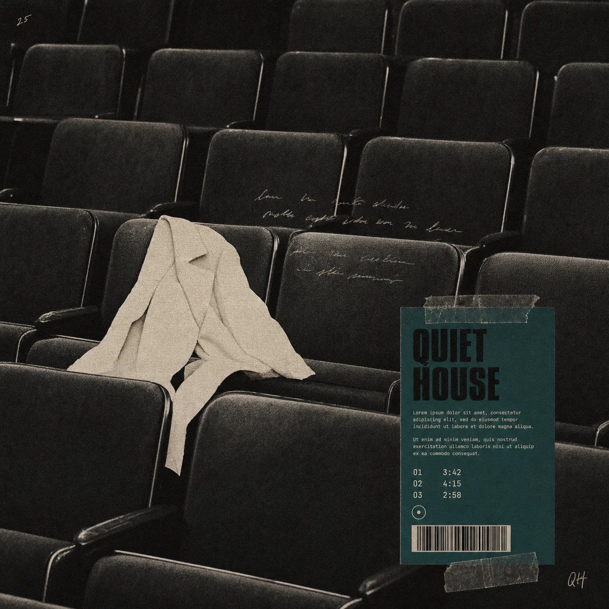 A moody album-cover-style image of an empty dark theater with a single pale draped garment on a seat, overlaid with a taped teal poster card.