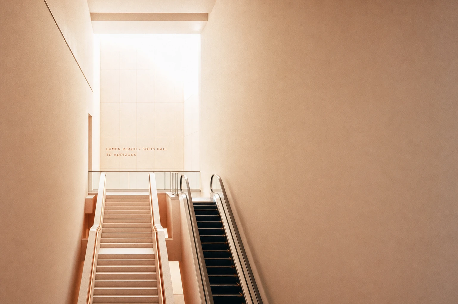 A serene, minimalist architectural interior showing a staircase and escalator rising toward a glowing light source, bathed in warm beige tones.