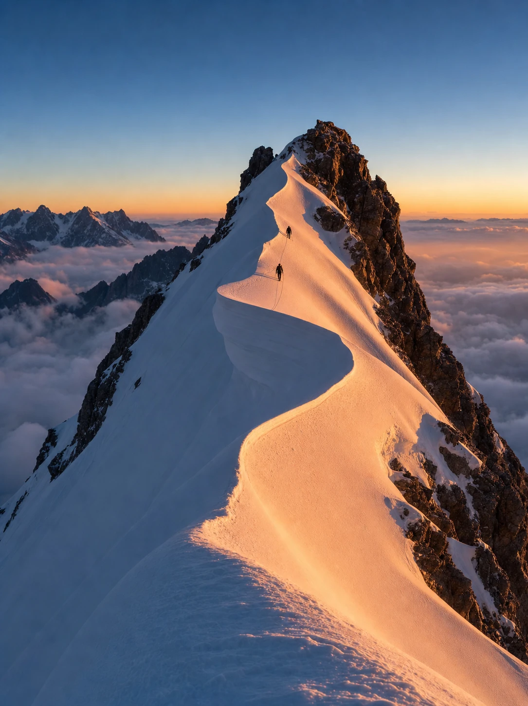 Two tiny mountaineers ascend a sweeping snow-covered summit ridge above a sea of clouds at sunrise.