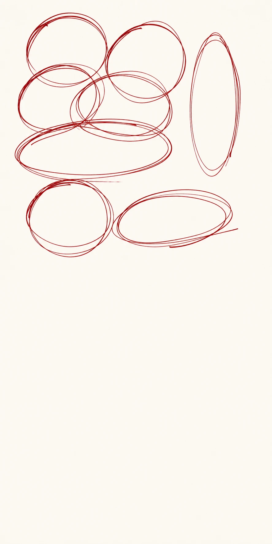 A loose cluster of hand-drawn red ovals and circles scattered across the top half of a cream canvas.
