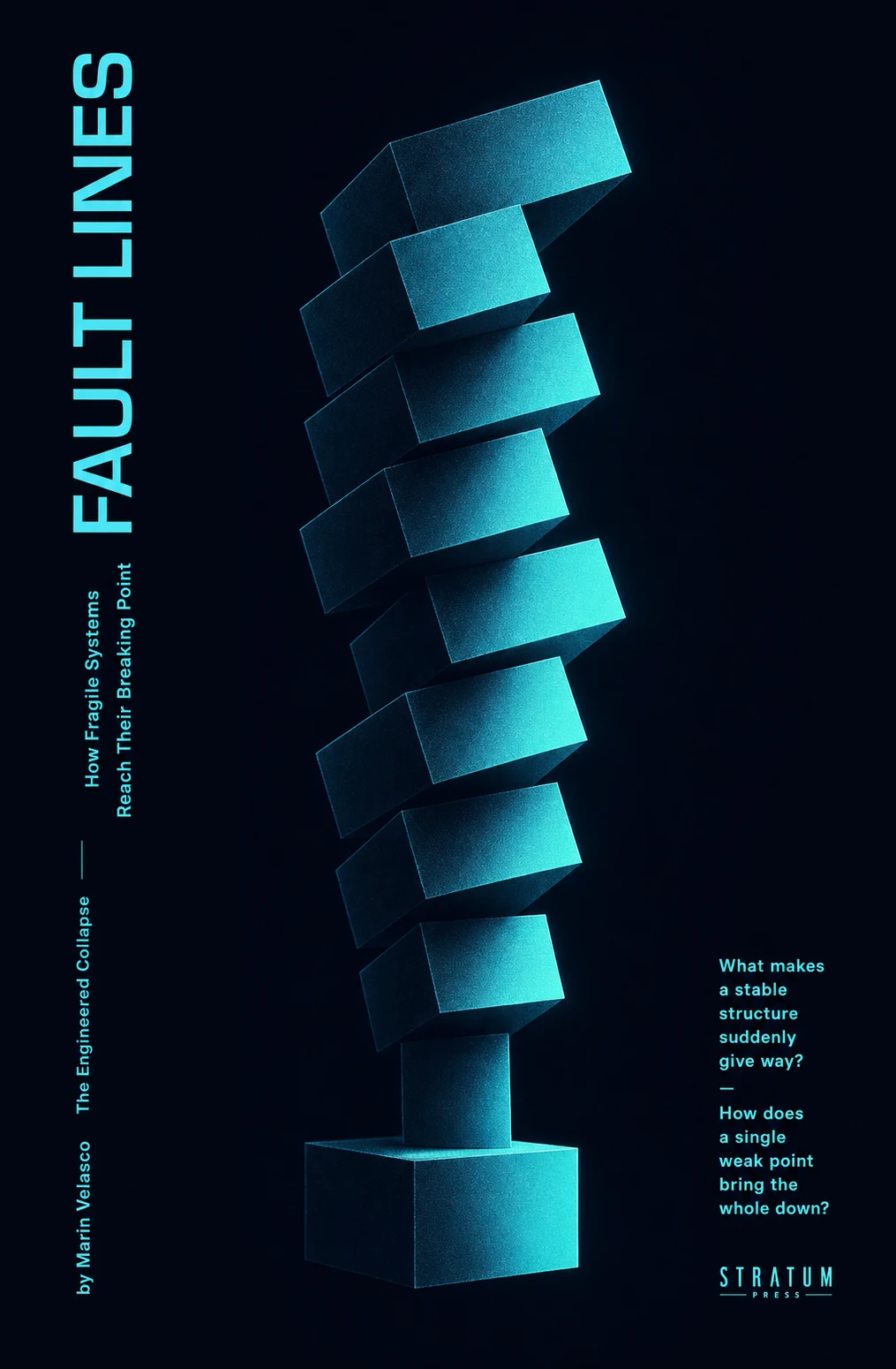 A book-cover poster featuring a precariously stacked, twisting tower of cubes rendered in teal against near-black, paired with a large vertical title.