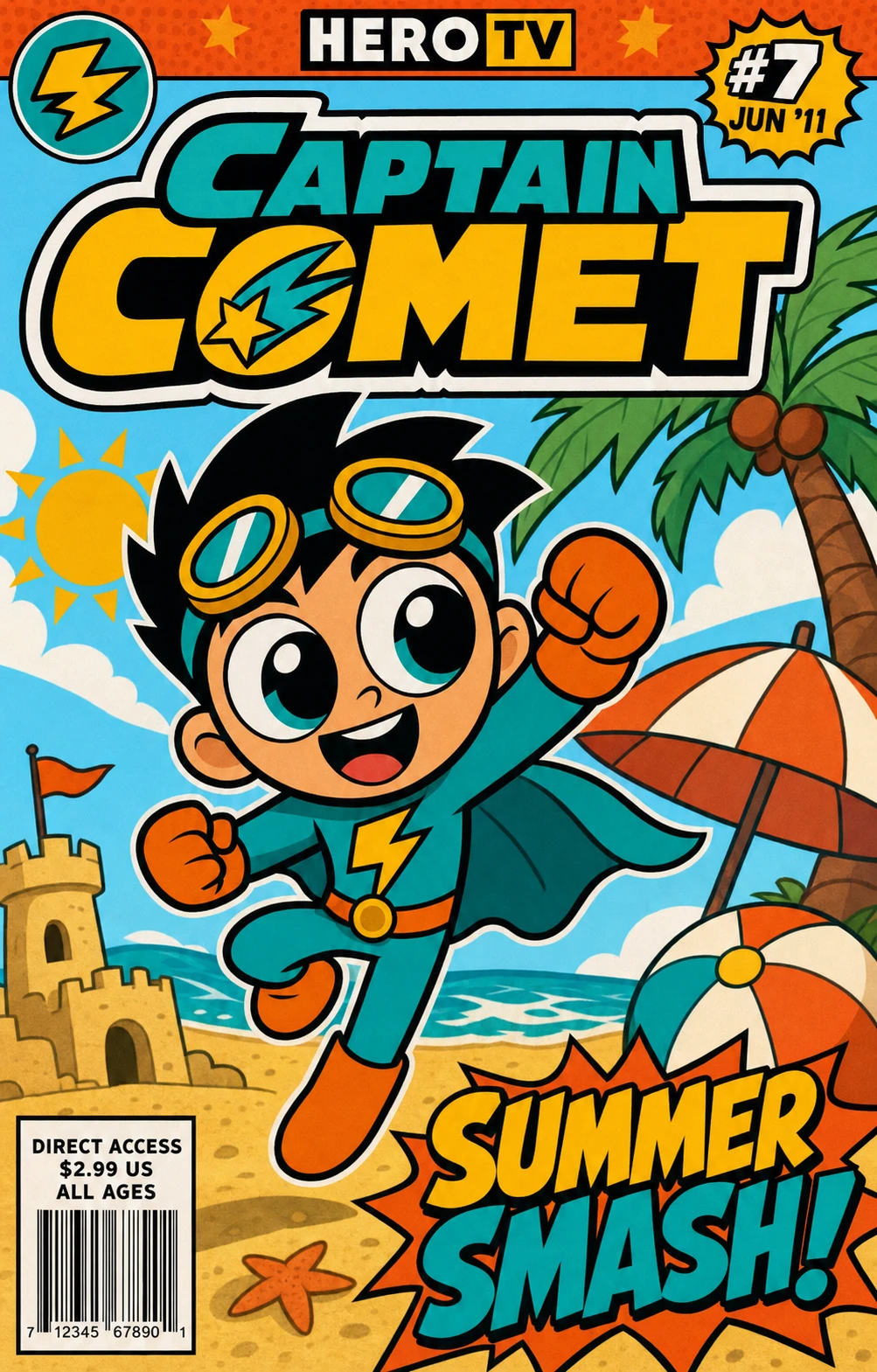 A retro-style comic book cover featuring a cartoon kid superhero flying over a sunny beach scene.