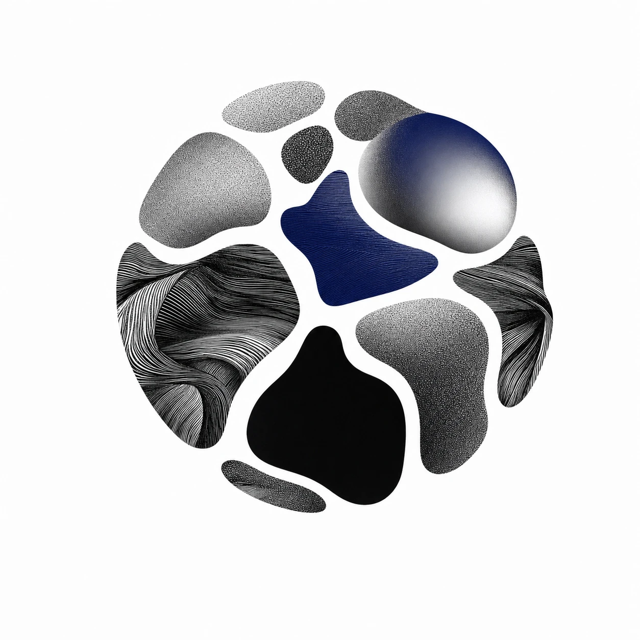 An abstract circular cluster of organic pebble-like shapes, each filled with a different texture or tone, arranged into a loose mandala on a white field.