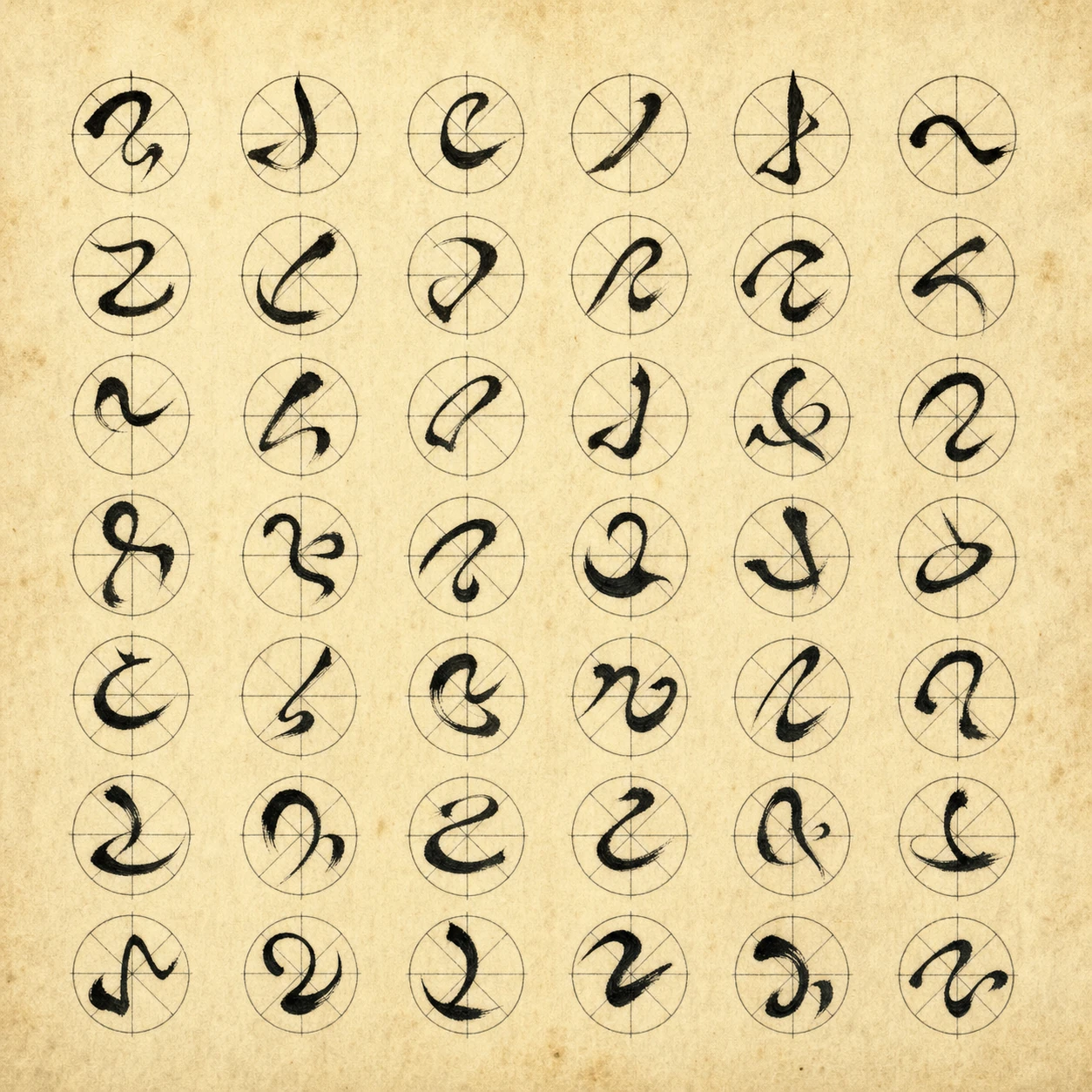 A grid of hand-brushed abstract calligraphic glyphs, each framed inside a faint construction circle on aged paper.
